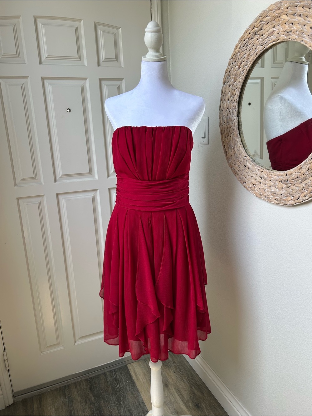 David’s Bridal Strapless Chiffon Cocktail Dress | Red Ruched Waist Party Dress